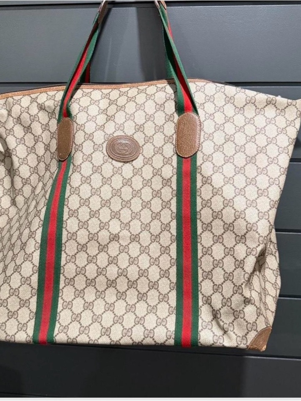 Gucci Beige Monogram Tote with Green and Red Web Straps